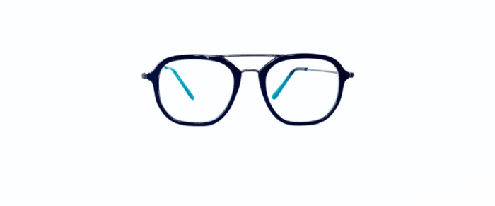 Armazón para lentes inyectado realizado en poliamida, con bisagras en acero inoxidable y patillas metálicas. Los armazones para lentes vienen con estuche.
