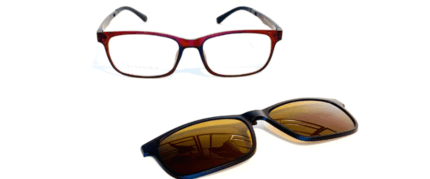 Armazón para lentes clip on realizado en poliamida, con bisagras en acero inoxidable y patillas resistentes. Los armazones para lentes vienen con estuche.